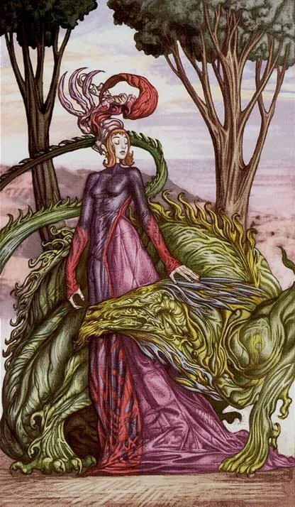 Queen of Wands card from the Universal Fantasy Tarot deck