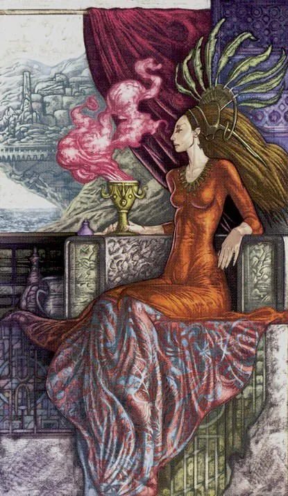Three of Cups card from the Universal Fantasy Tarot deck