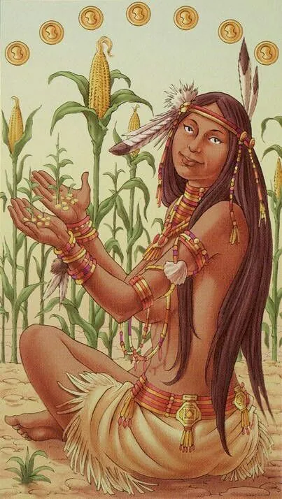 7 of Pentacles card from the Universal Goddess Tarot deck