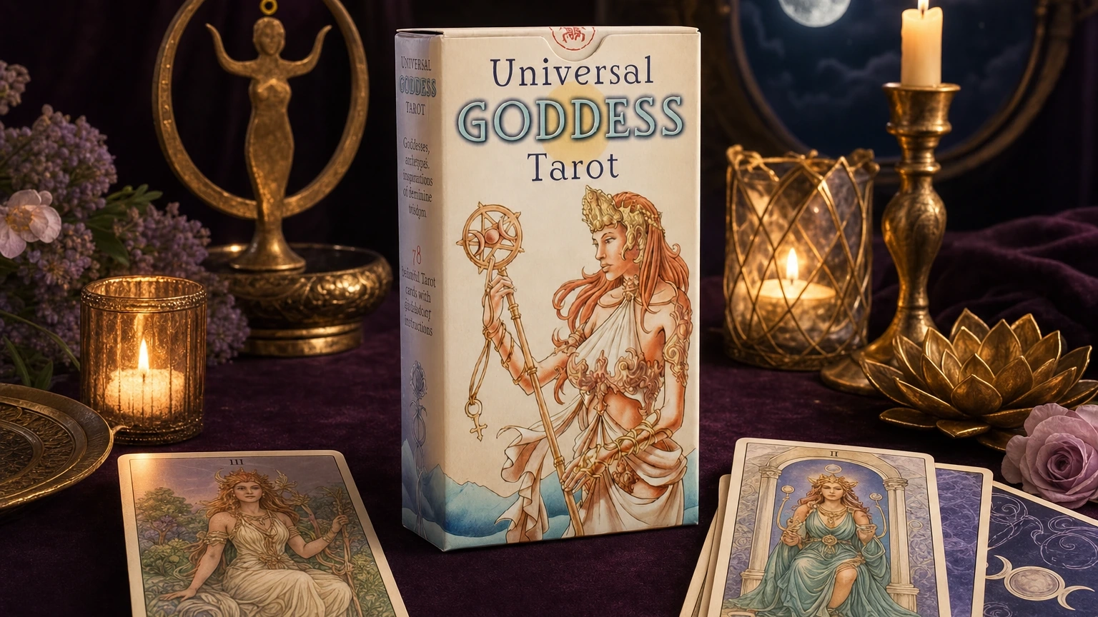 Universal Goddess Tarot Deck by Maria Caratti, with art by Antonella Platano, in a generated product scene