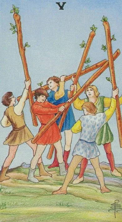 5 of Wands card from the Universal Waite Tarot deck