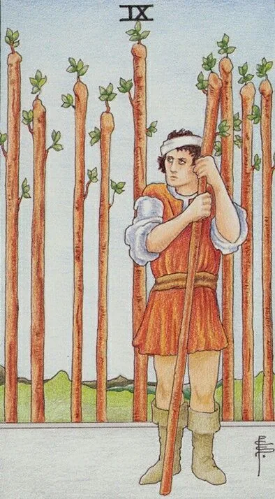 9 of Wands card from the Universal Waite Tarot deck