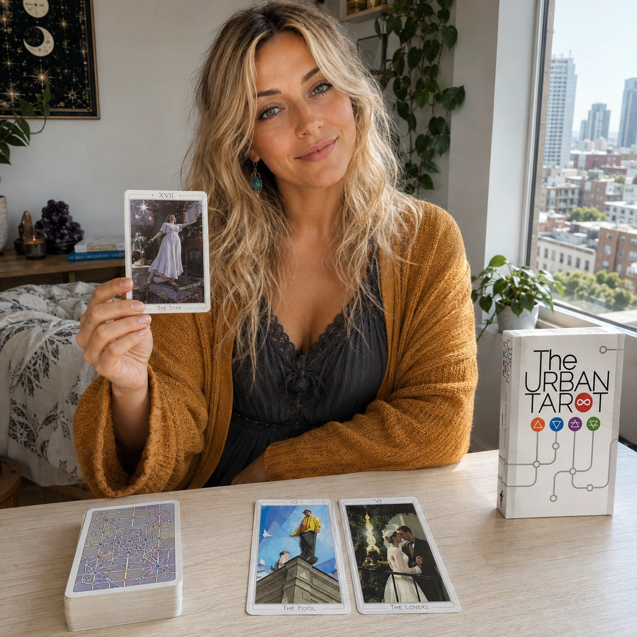 Aurica holding The Star from The Urban Tarot beside its box, a face-up spread, and the stacked deck