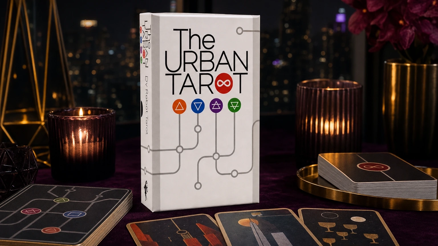 The Urban Tarot Deck by Robin Scott The Urban Tarot Deck by Robin Scott in a generated city-night reading-table scene