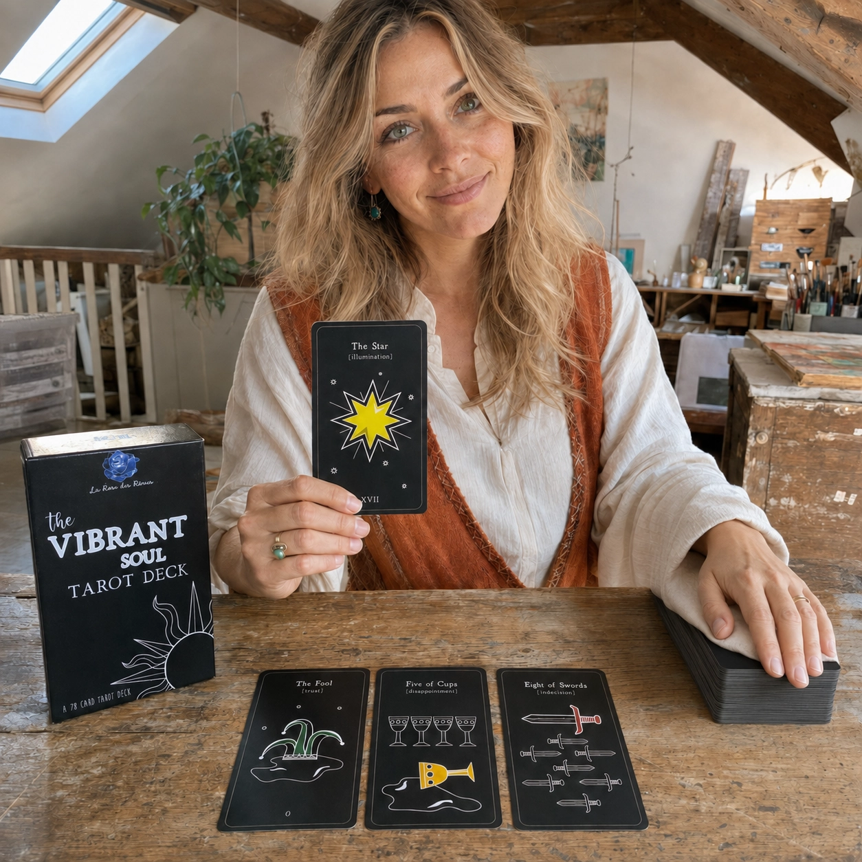 Aurica presenting The Star beside The Vibrant Soul Tarot box, a three-card spread, and the stacked deck
