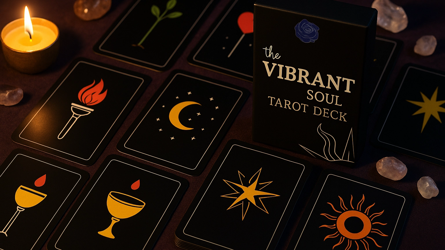 The Vibrant Soul Tarot Deck by La Rose des Rêves in a generated candlelit card-table scene