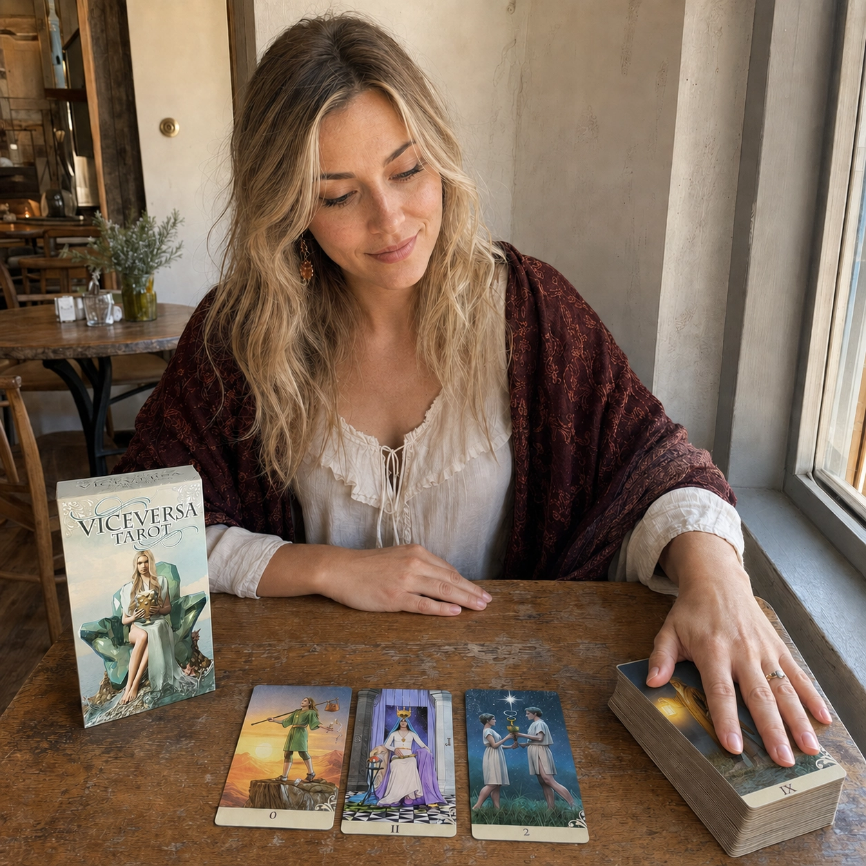 Aurica studying Vice Versa Tarot beside its box, a three-card face-up spread, and the stacked deck