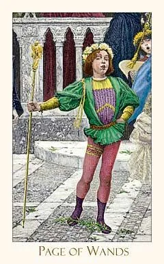 Page of Wands card from the Victorian Romantic Tarot deck
