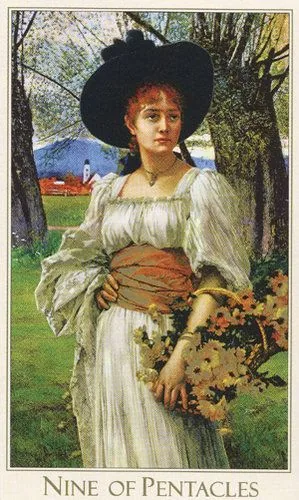 9 of Pentacles card from the Victorian Romantic Tarot deck
