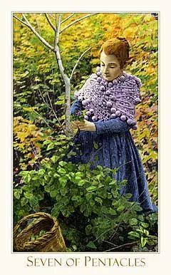 7 of Pentacles card from the Victorian Romantic Tarot deck