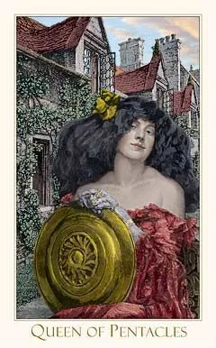 Queen of Pentacles card from the Victorian Romantic Tarot deck