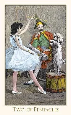 2 of pentacles card from the Victorian Romantic Tarot deck