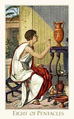8 of Pentacles card from the Victorian Romantic Tarot deck