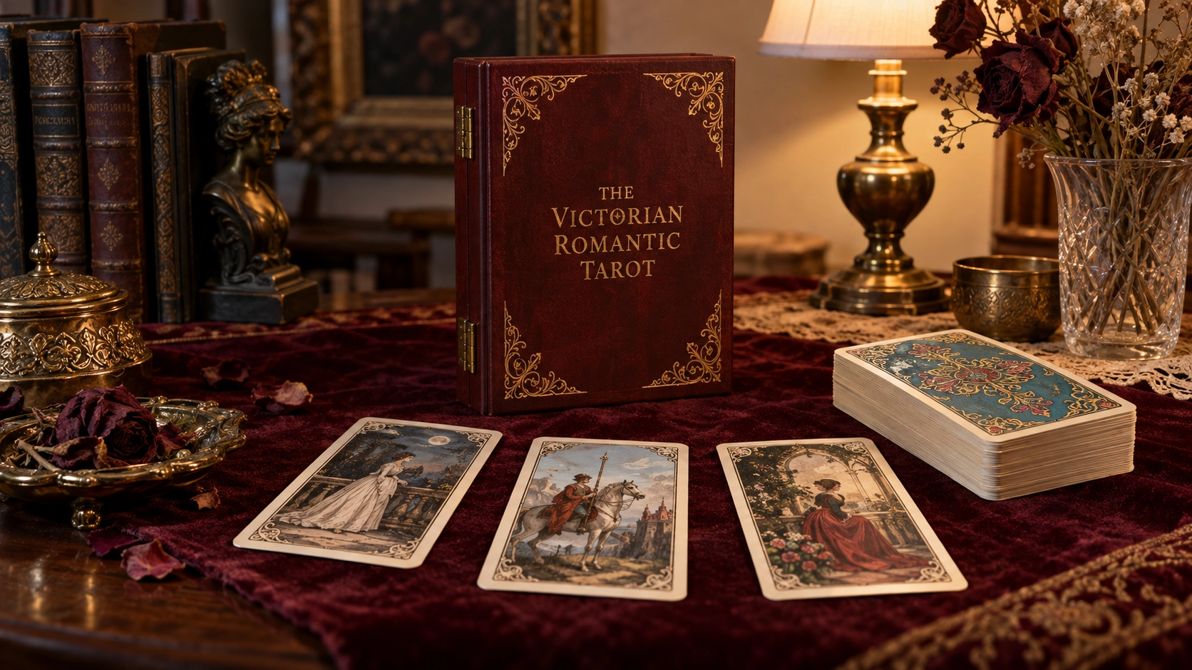 Victorian Romantic Tarot Deck by Alex Ukolov and Karen Mahony Generated Victorian Romantic Tarot Deck by Alex Ukolov and Karen Mahony in a burgundy reading-room scene