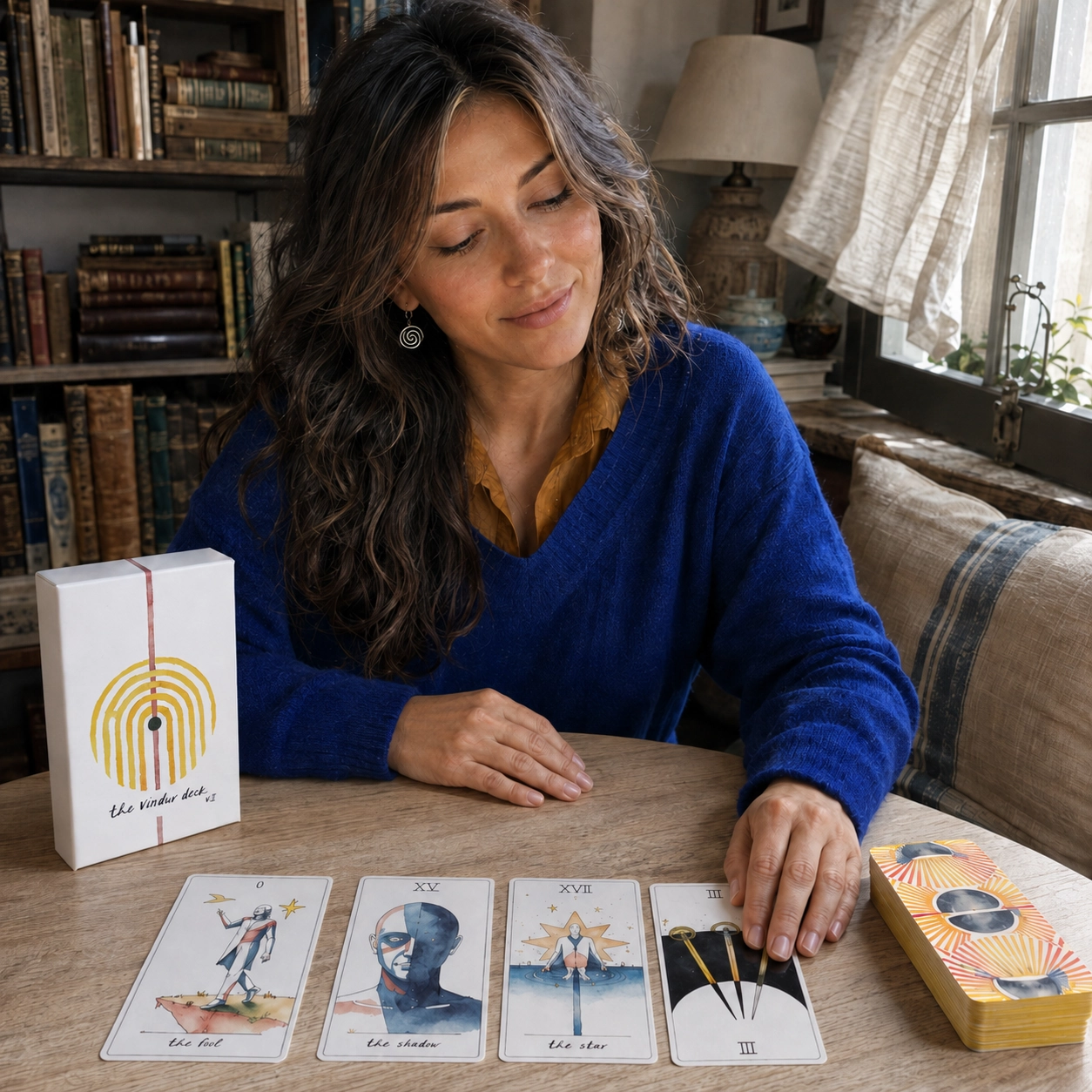 Aurica reading with The Vindur Tarot v.II box, a four-card face-up spread, and the stacked deck