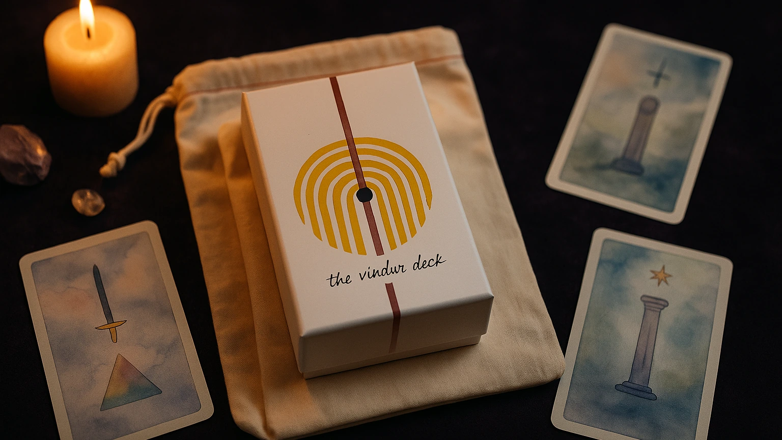 The Vindur Tarot Deck v.II by Leah Pantéa in a watercolor reading-table scene