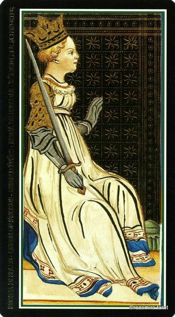 Queen of Swords card from the Visconti Tarot deck