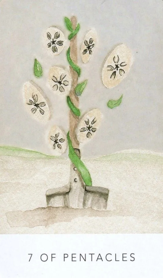 7 of Pentacles card from the White Sage Tarot deck