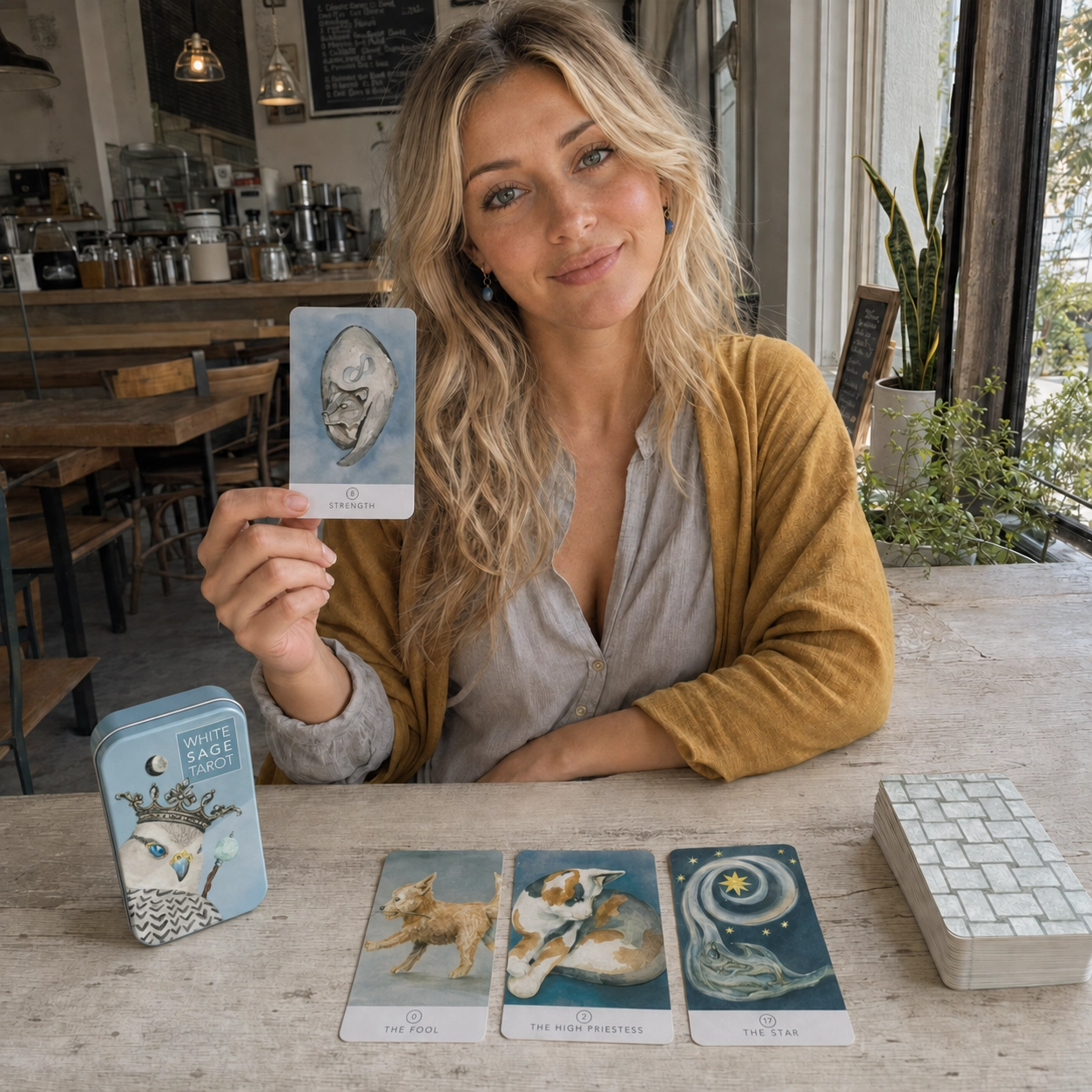 Aurica presenting Strength beside the White Sage Tarot tin, a three-card spread, and the stacked deck