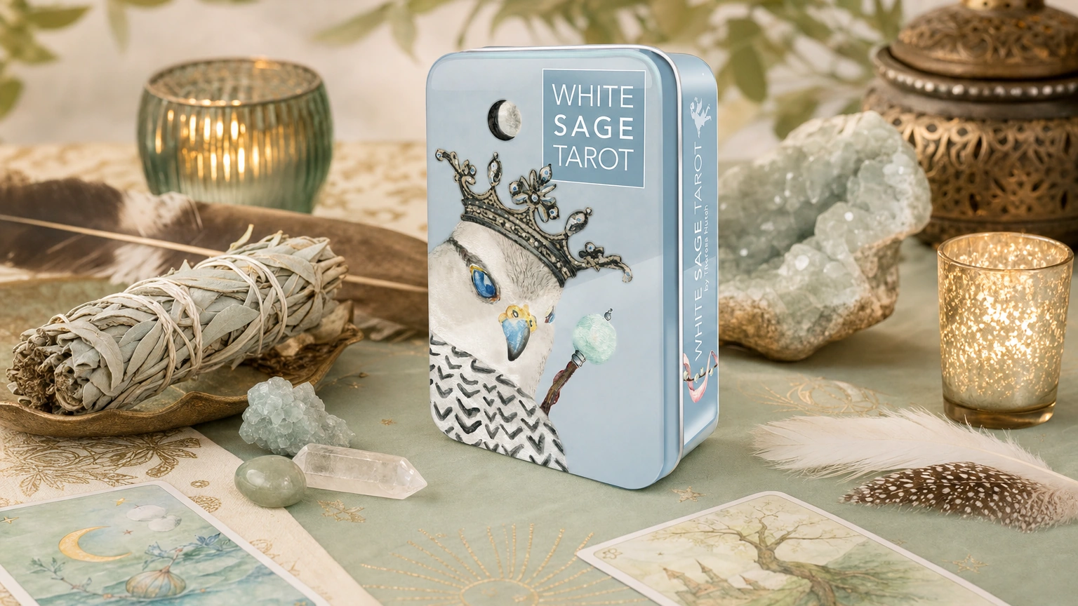 White Sage Tarot Review 29 White Sage Tarot cards in a calm final product lifestyle scene