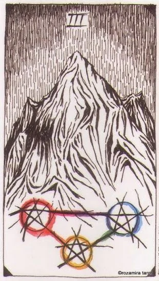 3 of Pentacles card from the The Wild Unknown Tarot deck