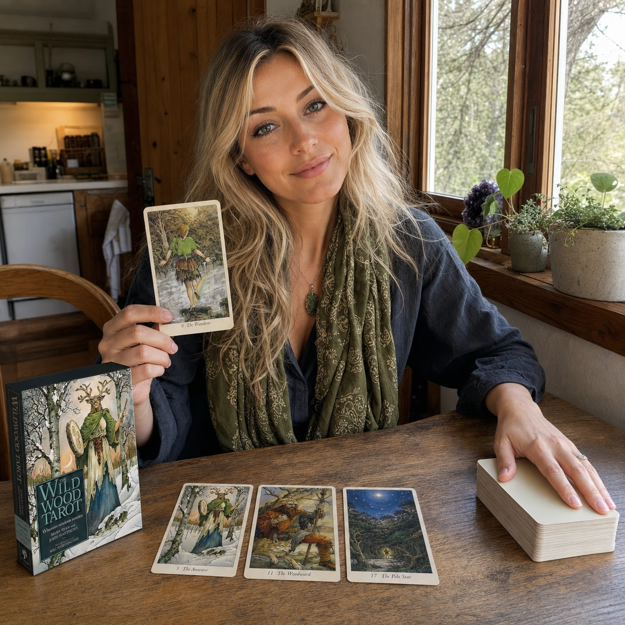 Aurica holding The Wanderer from Wildwood Tarot beside the deck box, a three-card spread and stacked deck