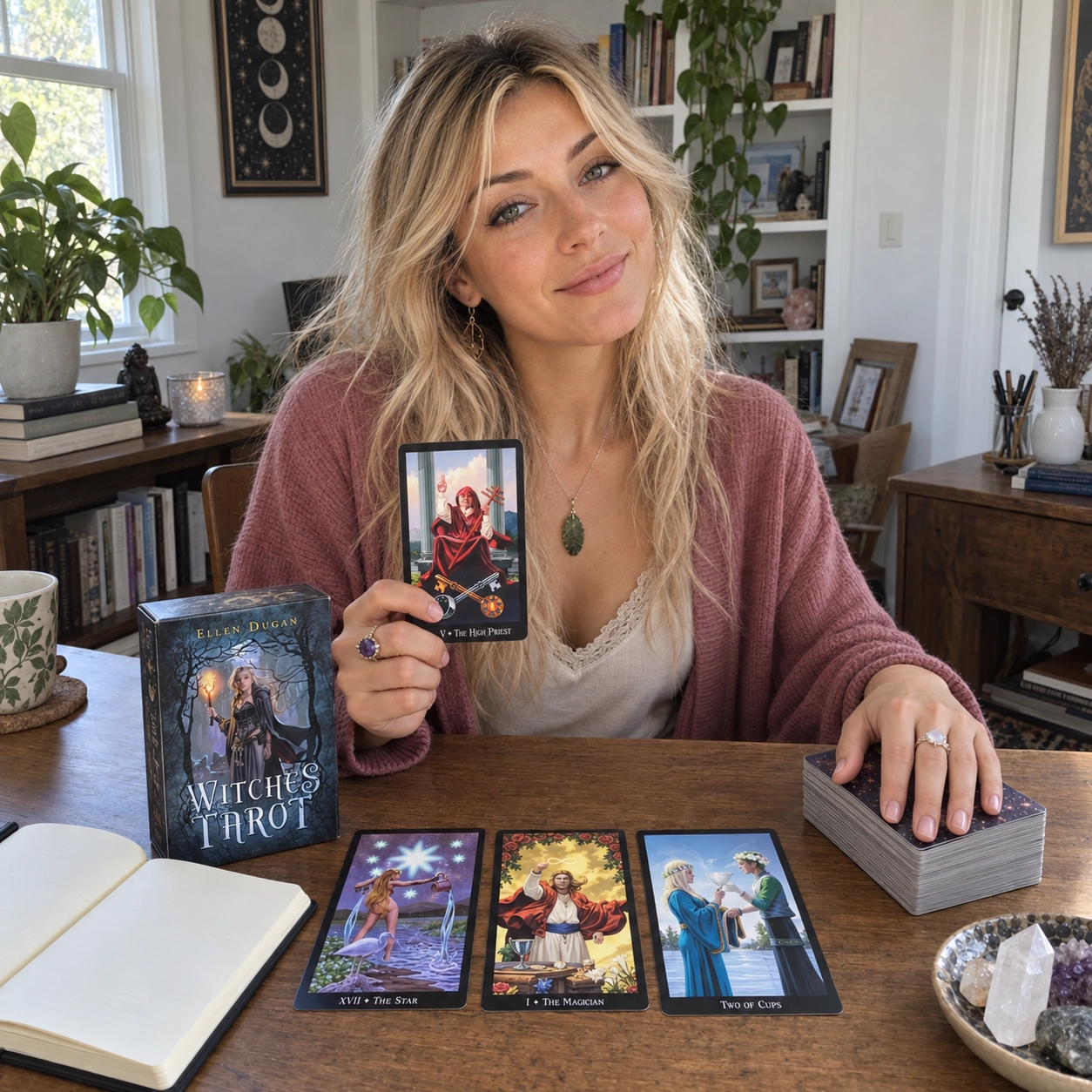 Aurica reviewing Witches Tarot by Ellen Dugan, presenting The High Priest beside the deck box, three face-up cards, and a separate stacked deck