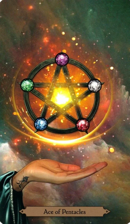 Ace of Pentacles card from the Wizards Tarot deck by Barbara Moore