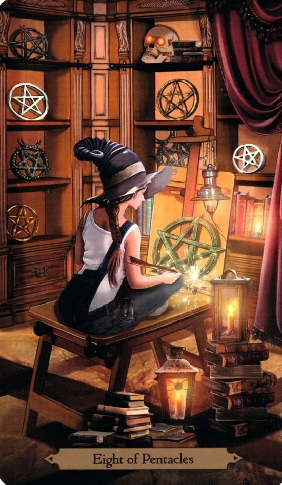 Eight of Pentacles card from the Wizards Tarot deck by Barbara Moore