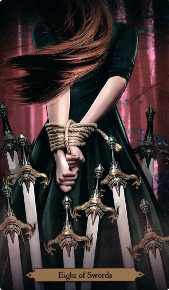 Eight of Swords card from the Wizards Tarot deck by Barbara Moore