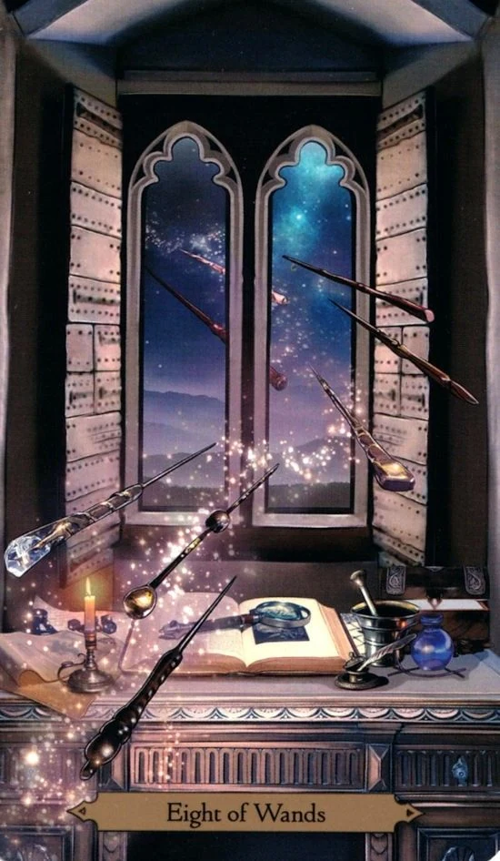 Eight of Wands card from the Wizards Tarot deck by Barbara Moore