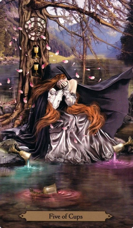 Five of Cups card from the Wizards Tarot deck by Barbara Moore
