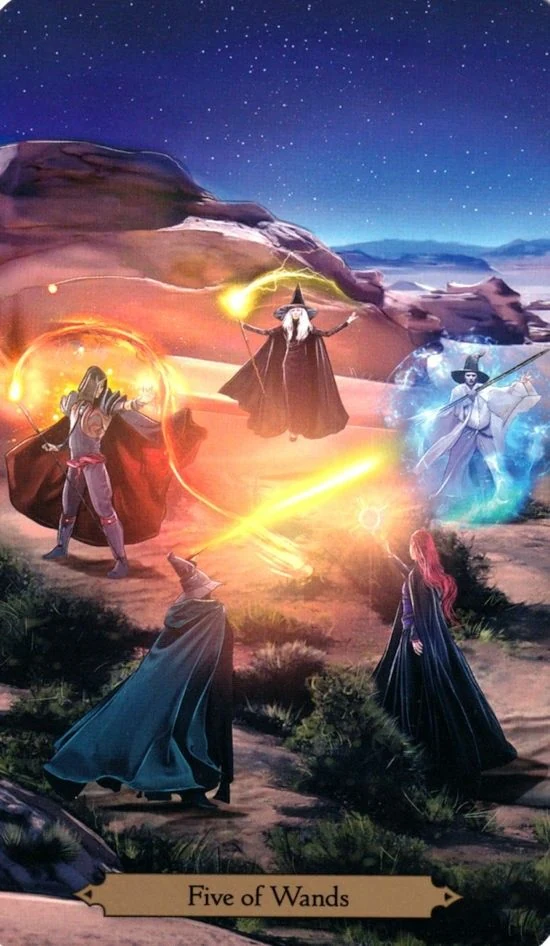 Five of Wands card from the Wizards Tarot deck by Barbara Moore