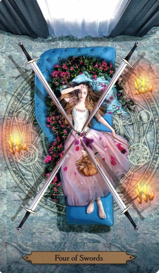 Four of Swords card from the Wizards Tarot deck by Barbara Moore