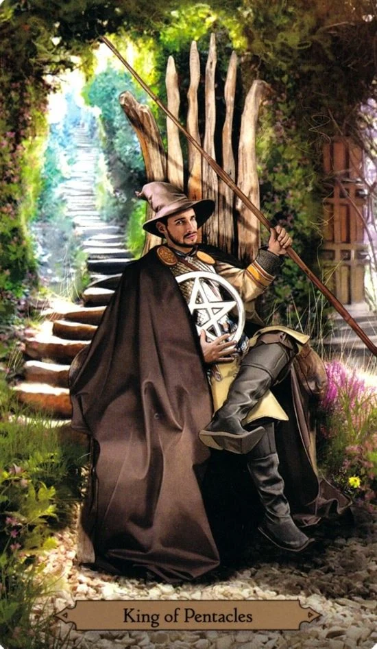 King of Pentacles card from the Wizards Tarot deck by Barbara Moore