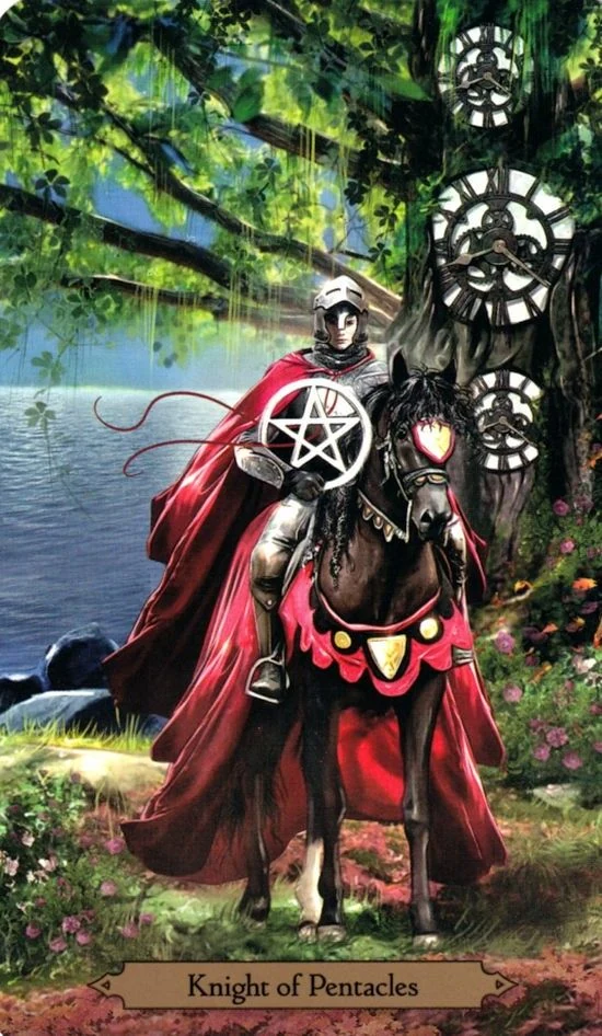 Knight of Pentacles card from the Wizards Tarot deck by Barbara Moore