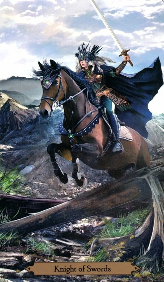 Knight of Swords card from the Wizards Tarot deck by Barbara Moore