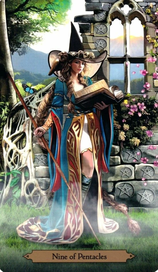 Nine of Pentacles card from the Wizards Tarot deck by Barbara Moore