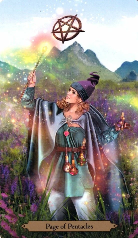 Page of Pentacles card from the Wizards Tarot deck by Barbara Moore