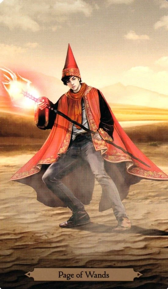 Page of Wands card from the Wizards Tarot deck by Barbara Moore