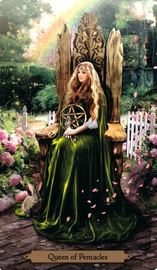 Queen of Pentacles card from the Wizards Tarot deck by Barbara Moore