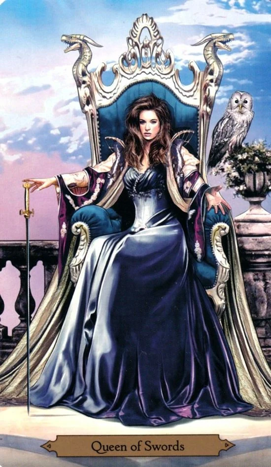 Queen of Swords card from the Wizards Tarot deck by Barbara Moore