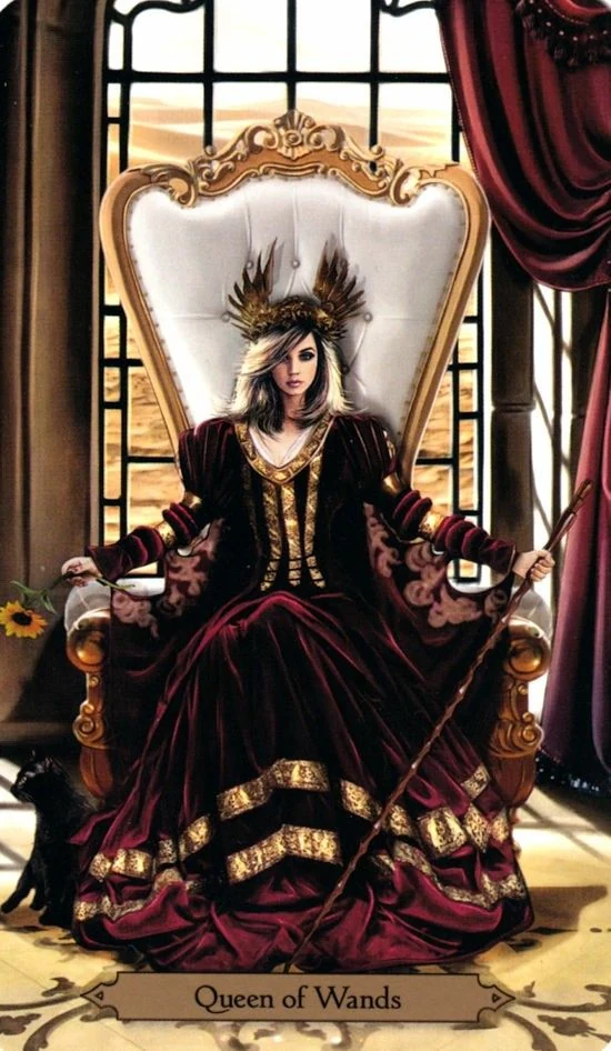 Queen of Wands card from the Wizards Tarot deck by Barbara Moore