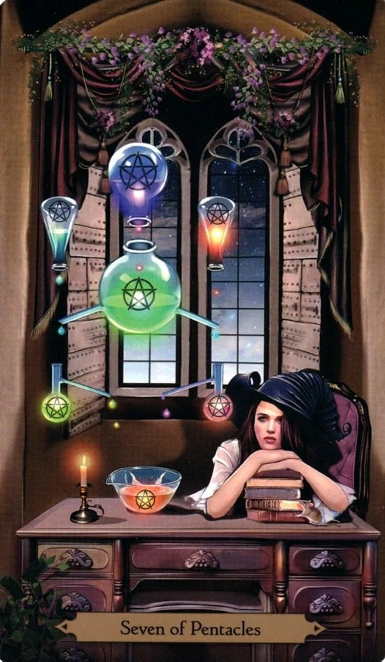 Seven of Pentacles card from the Wizards Tarot deck by Barbara Moore