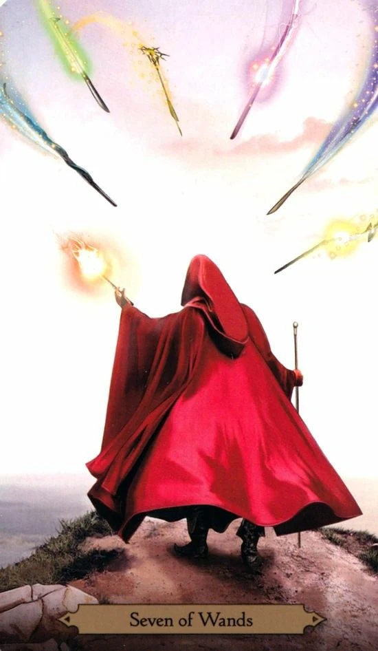 Seven of Wands card from the Wizards Tarot deck by Barbara Moore