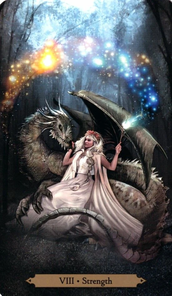 Strength card from the Wizards Tarot deck by Barbara Moore