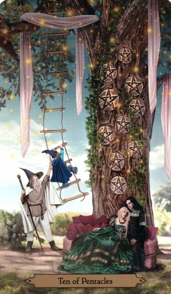 Ten of Pentacles card from the Wizards Tarot deck by Barbara Moore