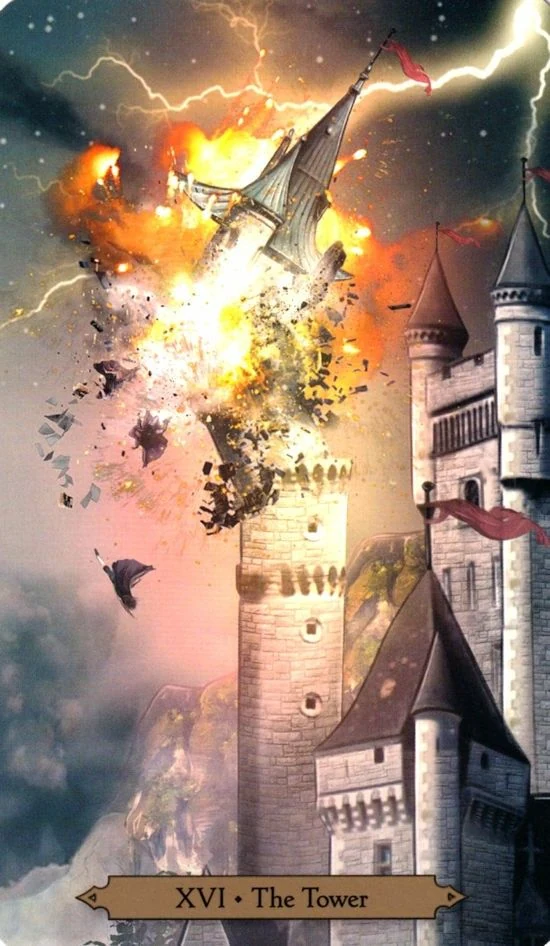The Tower card from the Wizards Tarot deck by Barbara Moore