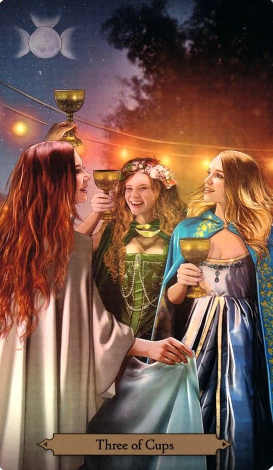 Three of Cups card from the Wizards Tarot deck by Barbara Moore