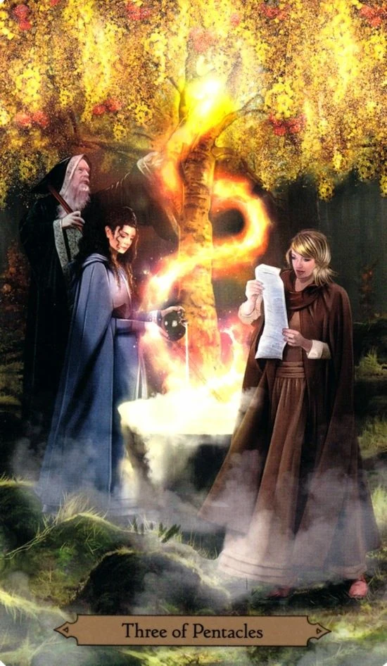 Three of Pentacles card from the Wizards Tarot deck by Barbara Moore